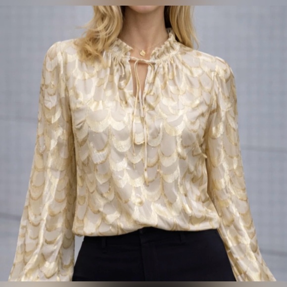Milly Tops - Milly Gold and Cream Silk Blend Patterned Tie Neck Blouse - Size XS